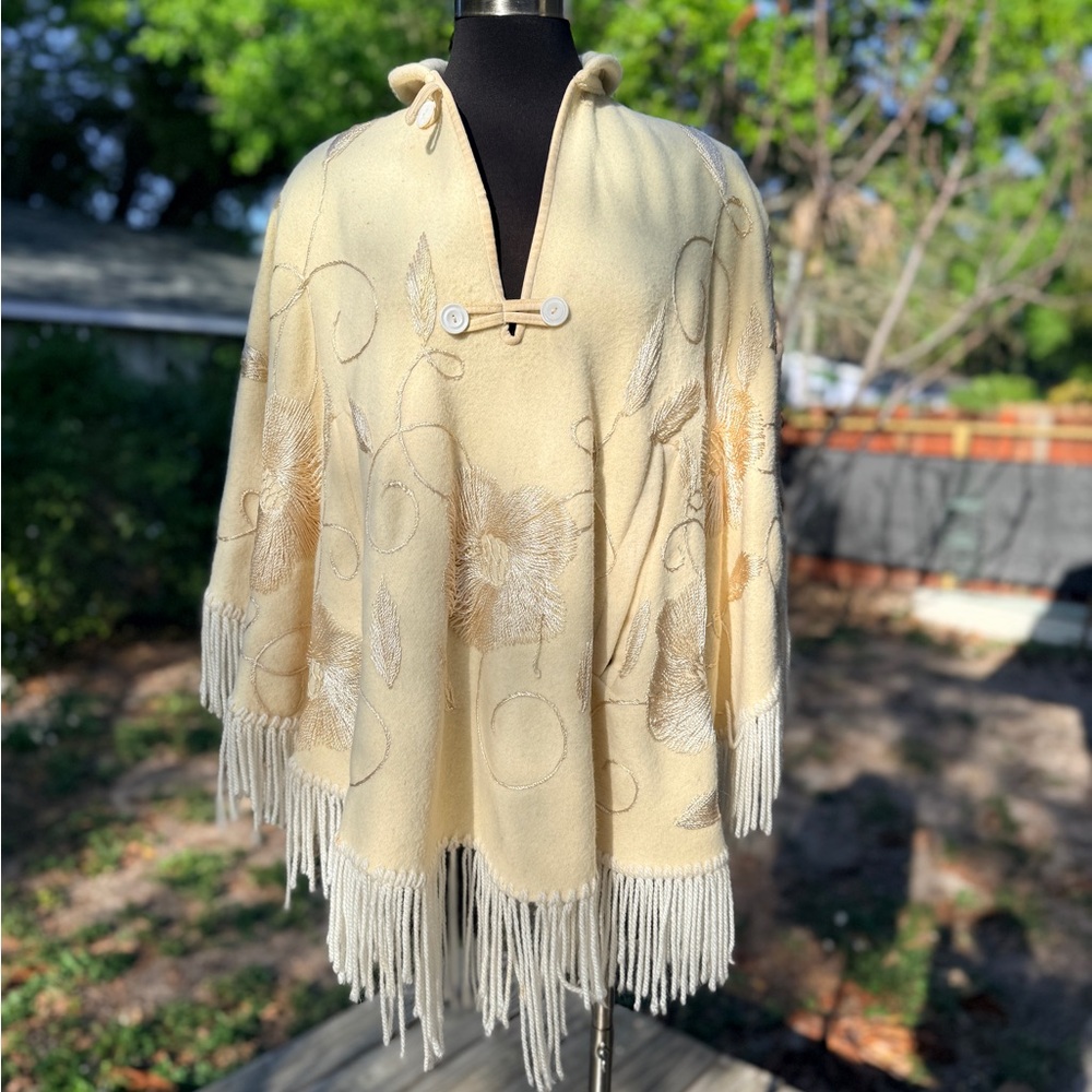 Vintage Wool Floral Embroidered Fringe Poncho Cape